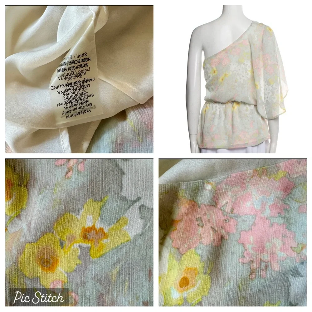 ALICE + OLIVIA one Shoulder Asymmetric Floral Blouse M 6 8 Tank Top 70s fairy - Picture 5 of 9